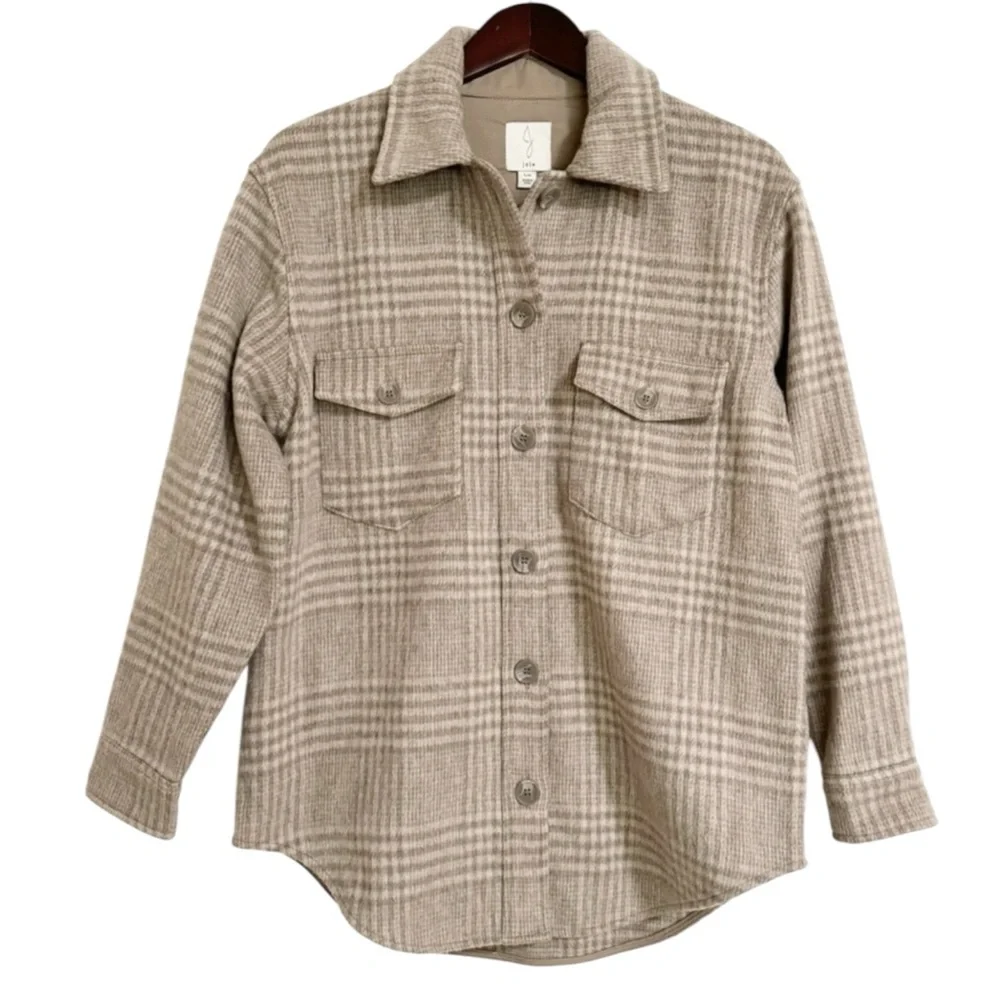 JOIE Plaid Thick Flannel Button-Up Fleece Oversized Shacket in Tan/Cream Size M